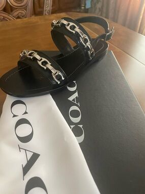 Coach Black Leather Sandal with Silver Chain Detail